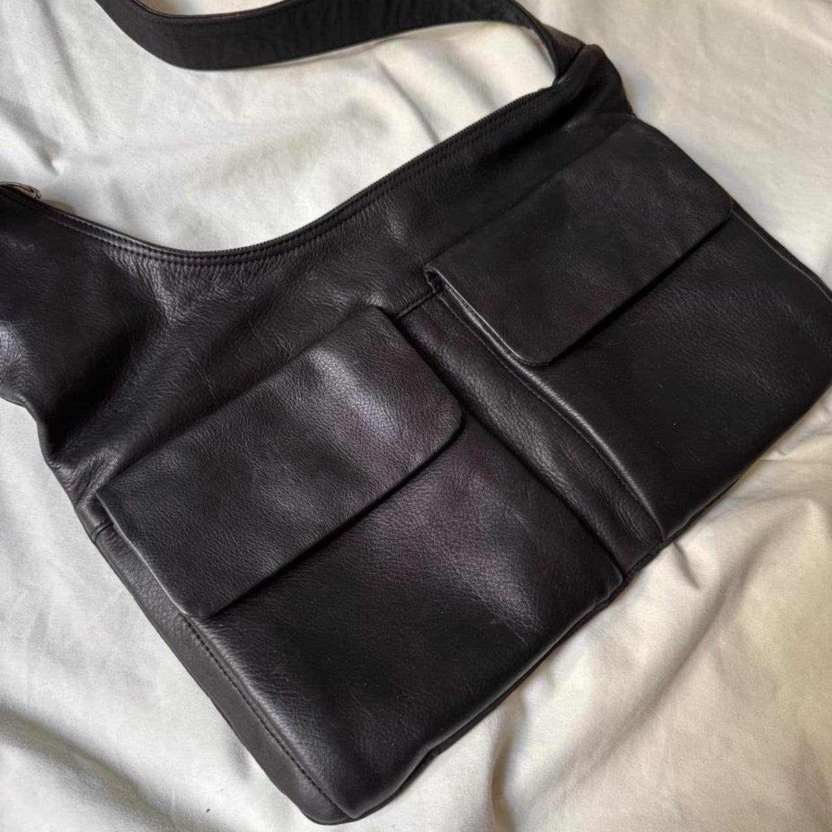 Y2k Black Leather Crossbody Sling Bag with Chunky Silver Buckle