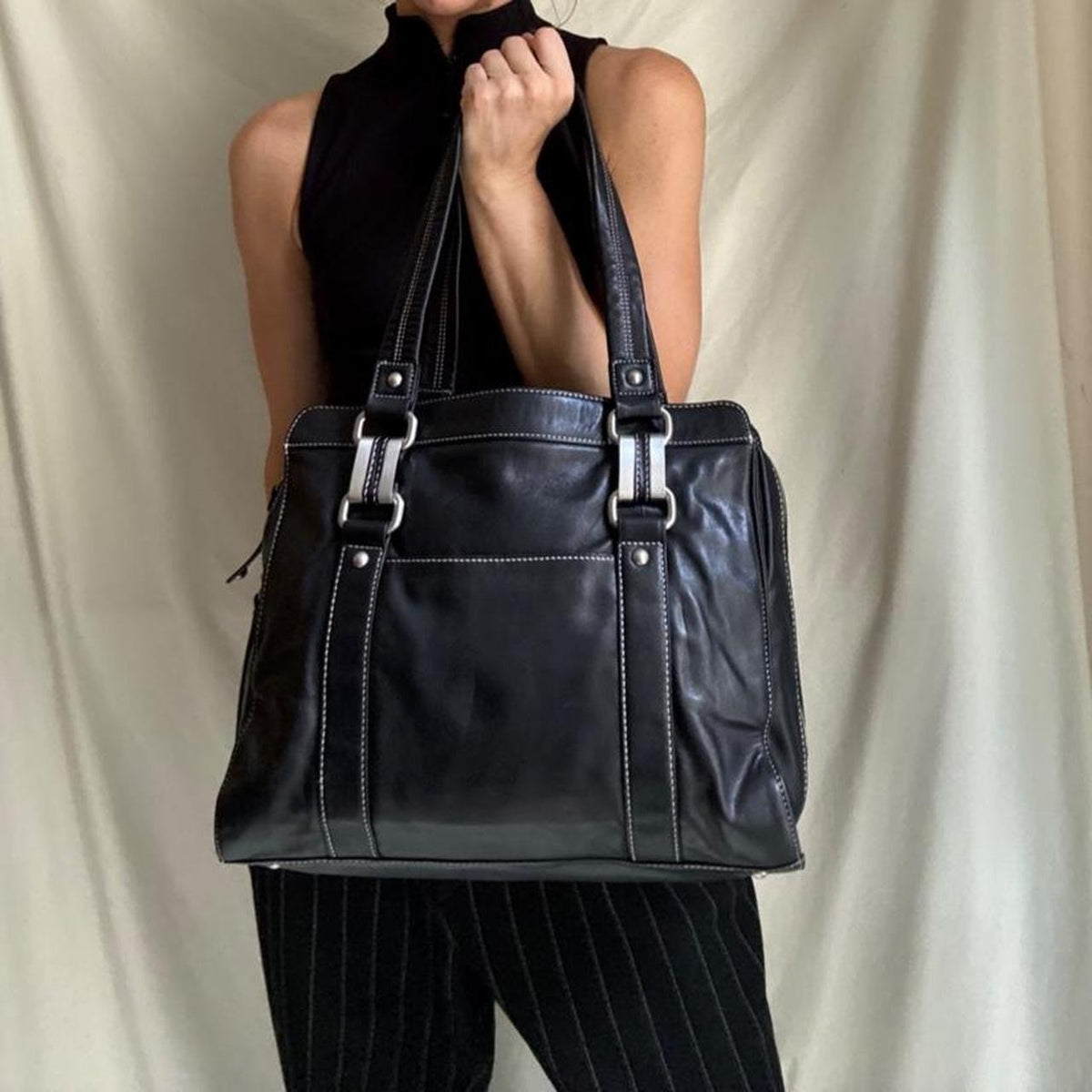 Vintage Large Black Leather Boxy Shoulder bag with Chunky Hardware