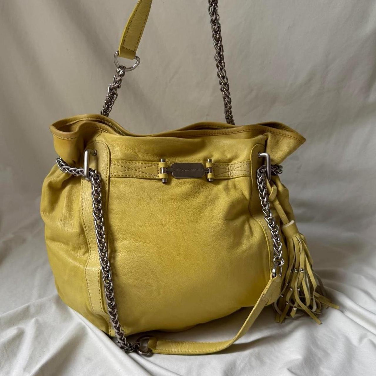 Large Pale Green Yellow Hobo Bag with Chunky Chain Hardware