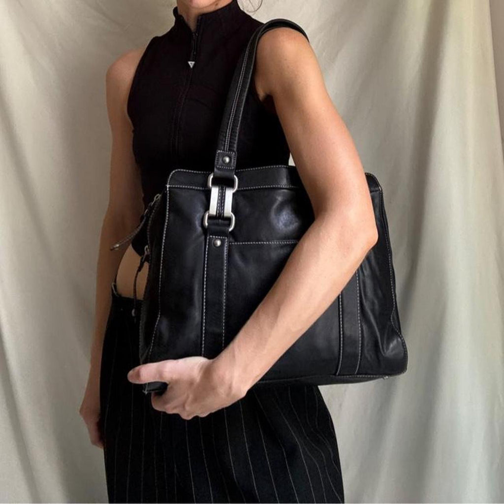 Vintage Large Black Leather Boxy Shoulder bag with Chunky Hardware