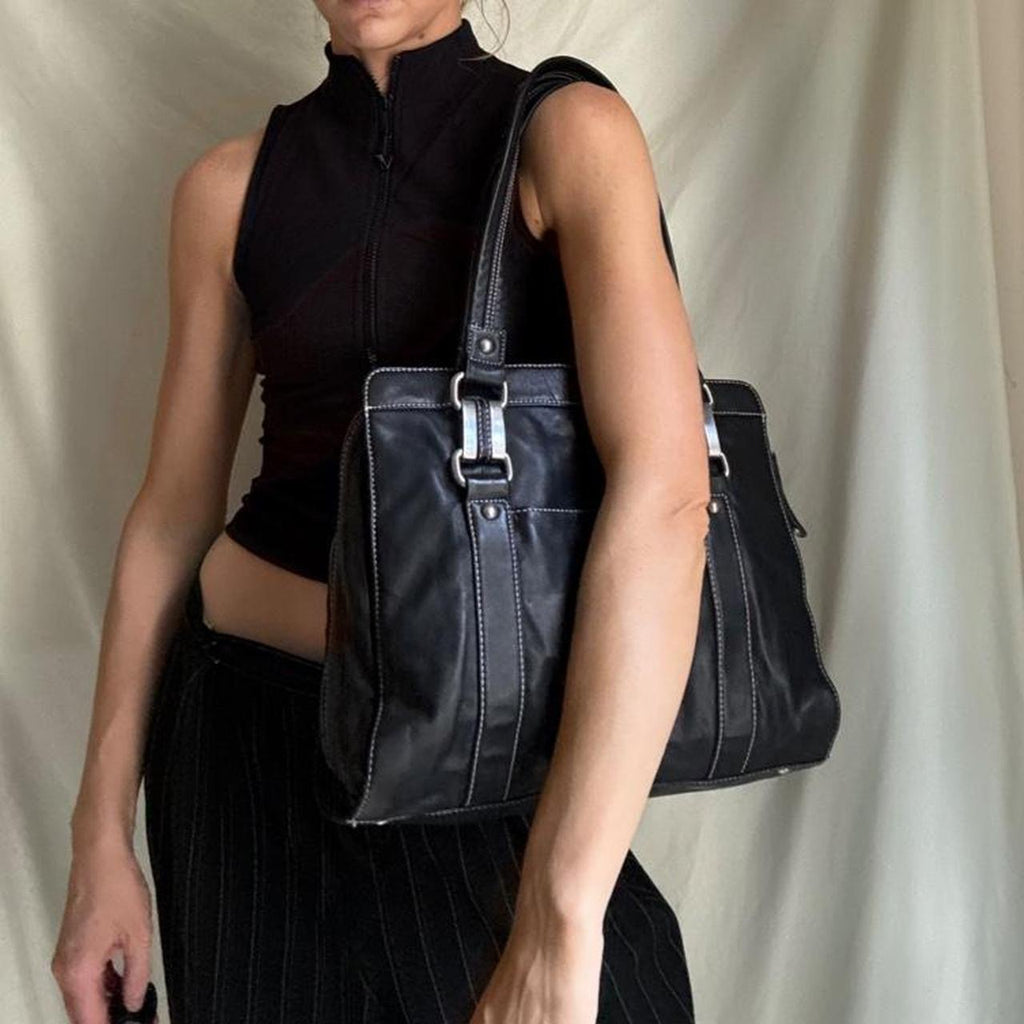 Vintage Large Black Leather Boxy Shoulder bag with Chunky Hardware