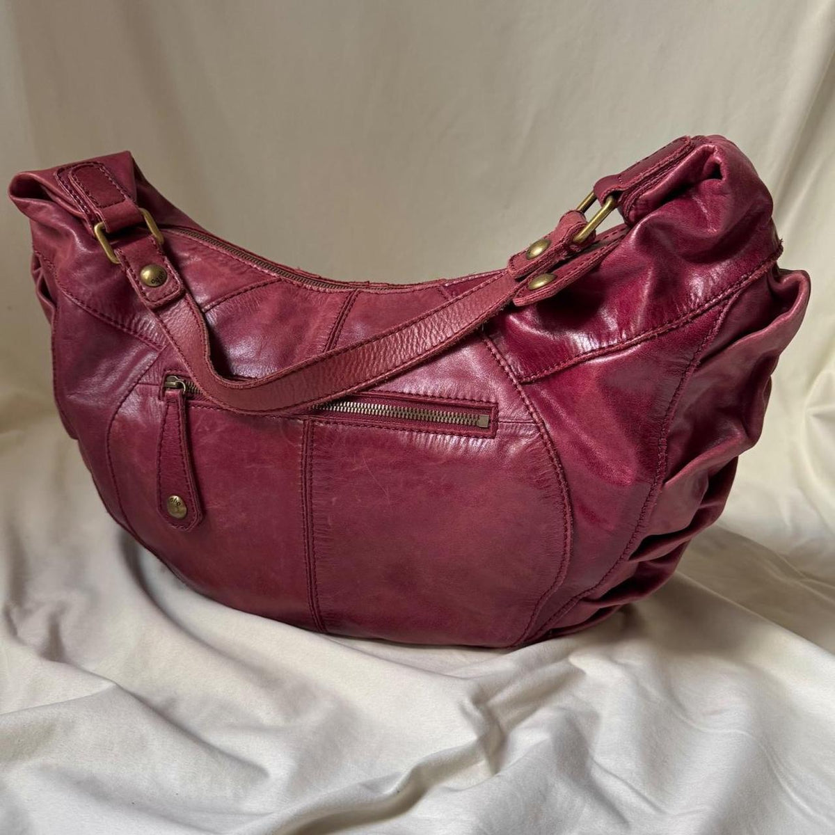 Large Distressed Red Ruched Half Moon Hobo Bag