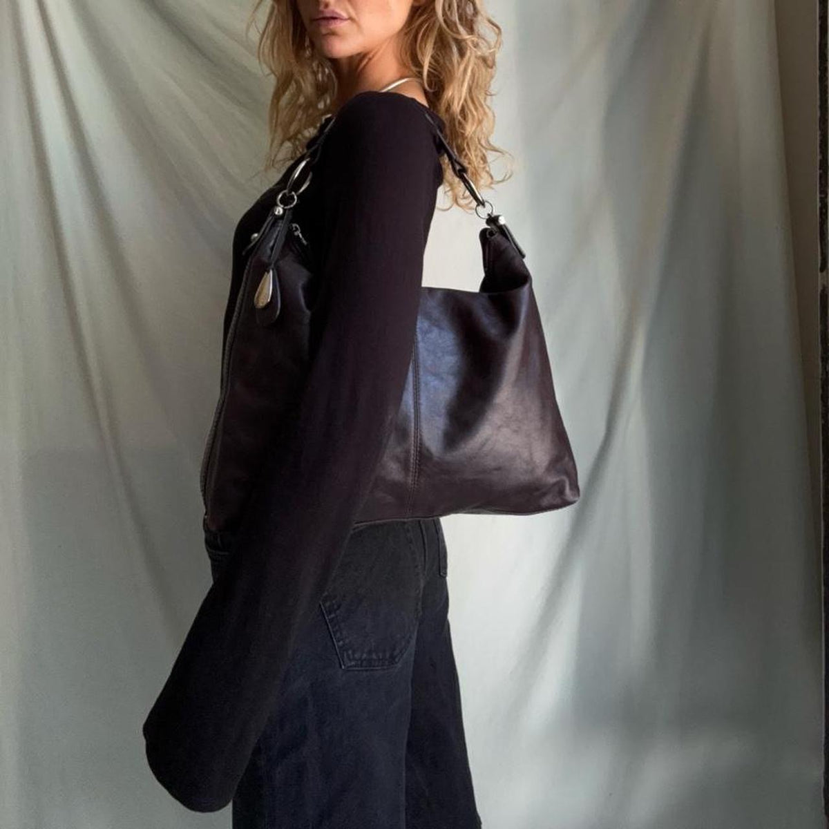 Vintage Y2K real leather, large slouchy burgundy hobo bag