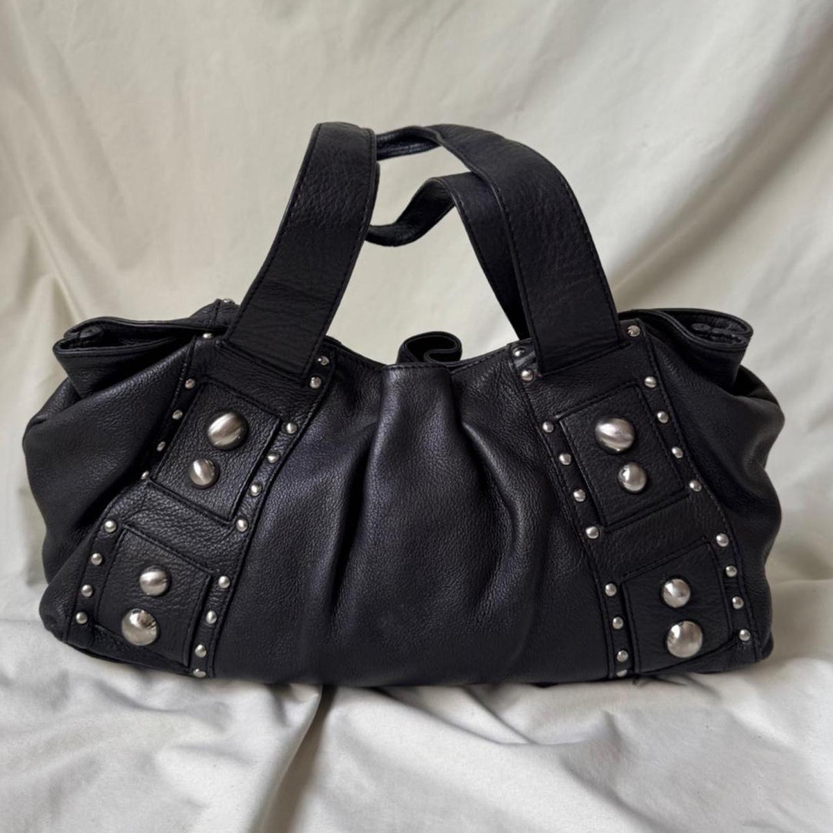 Vintage Black Studded Leather Dumpling Bag