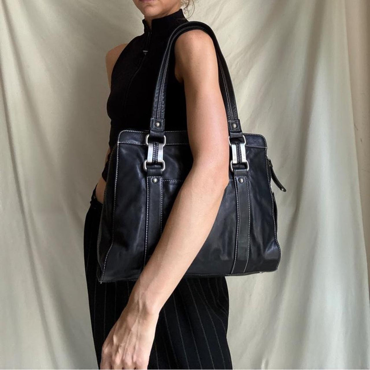 Vintage Large Black Leather Boxy Shoulder bag with Chunky Hardware