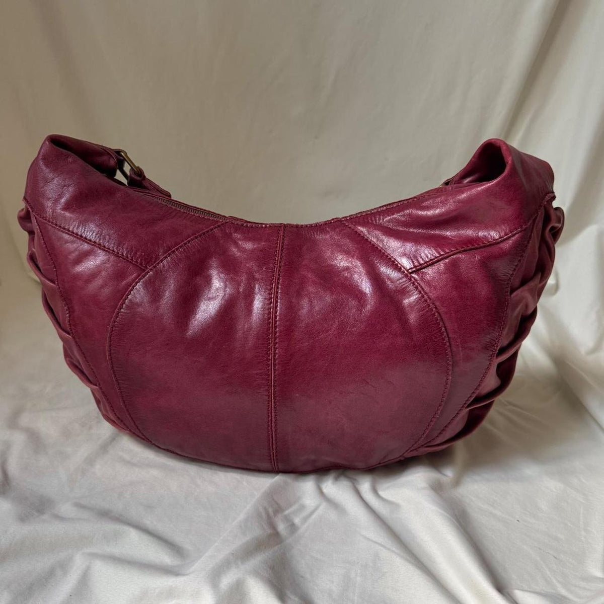Large Distressed Red Ruched Half Moon Hobo Bag