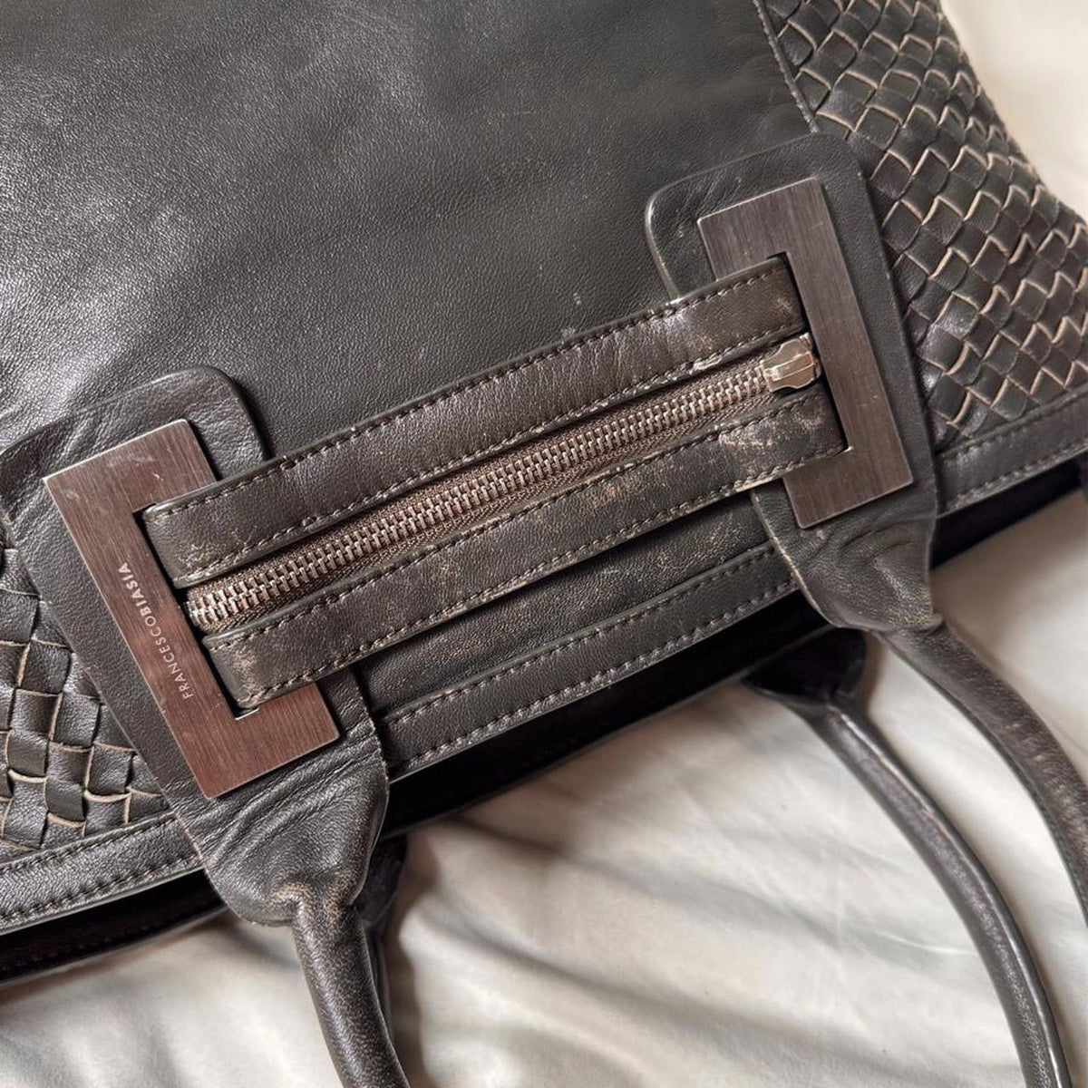 Vintage Oversized Khaki Green Leather Weekender Bag with Silver Hardware