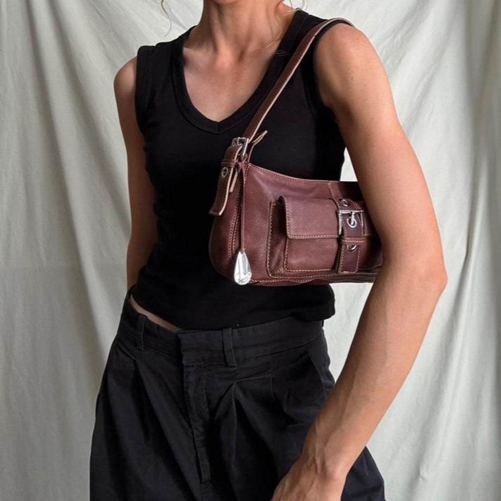 Vintage rose, burgundy leather going out bag.