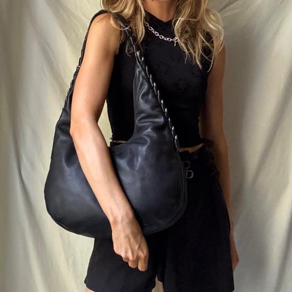 Sculptural Vintage Leather Hobo Bag With Hardware Spine