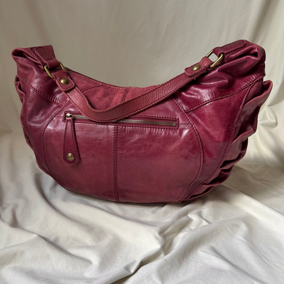 Large Distressed Red Ruched Half Moon Hobo Bag