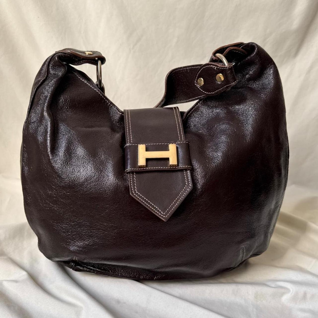 Vintage Y2K Oversized Brown Patent Leather Hobo Bag