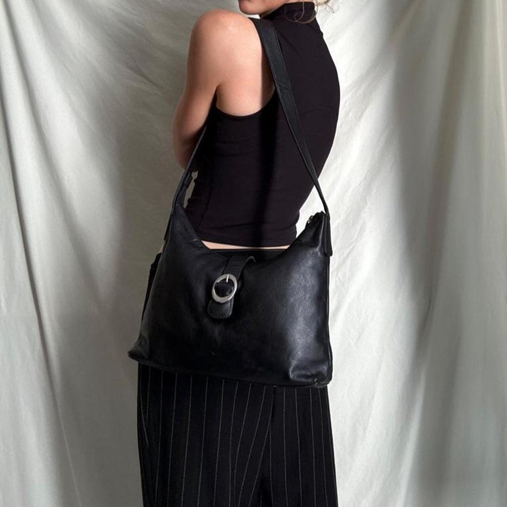 Vintage Structured Black Leather Hobo Bag Medium Sized
