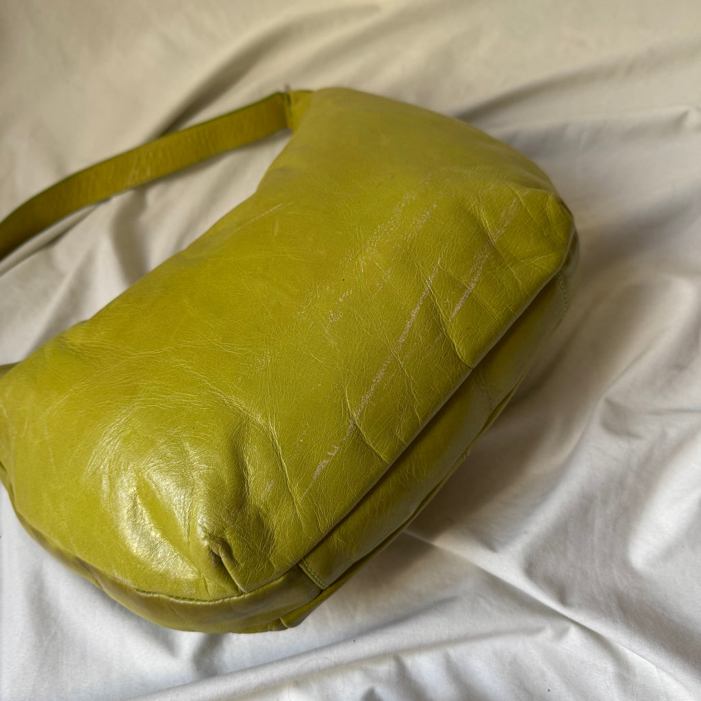 Y2K lime green leather hobo bag with studs