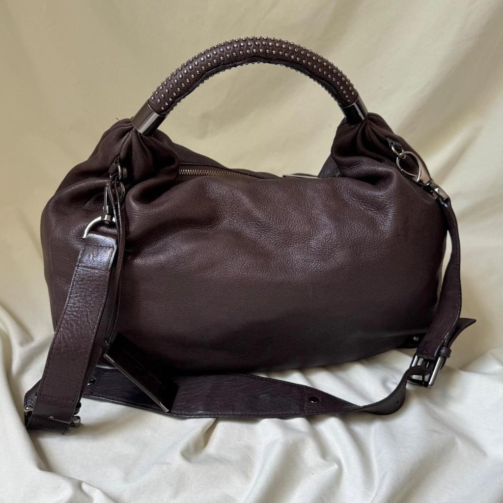 Vintage Brown Leather Hobo Bag with Studded Handle