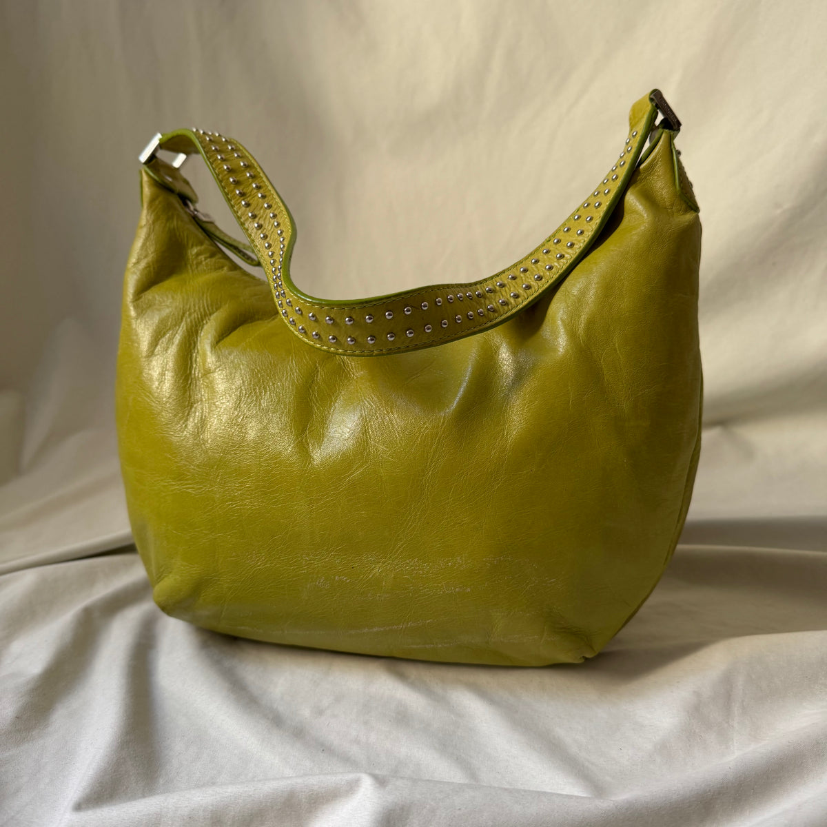 Y2K lime green leather hobo bag with studs