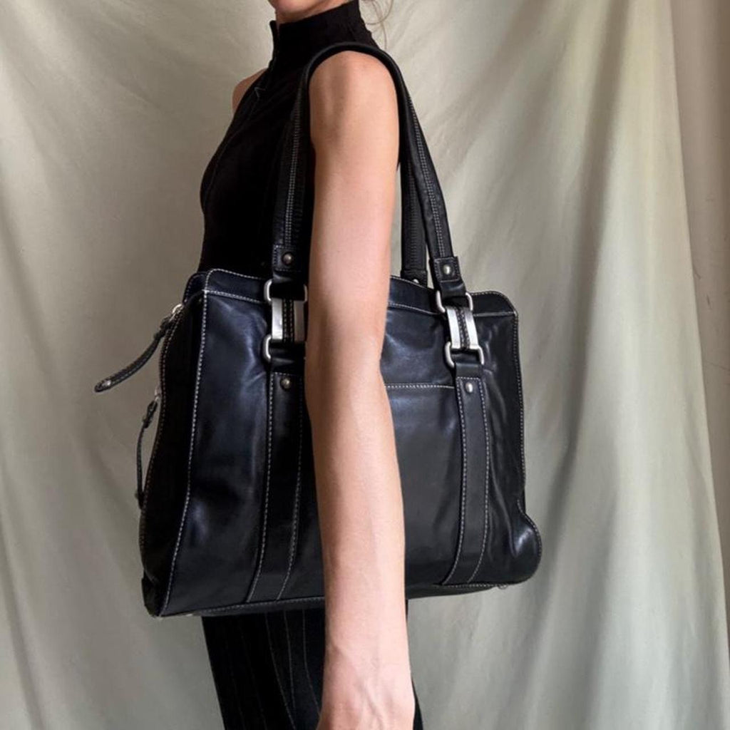 Vintage Large Black Leather Boxy Shoulder bag with Chunky Hardware