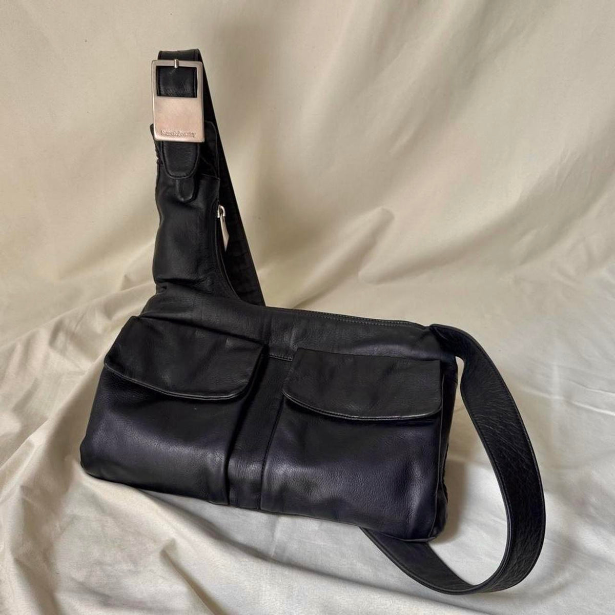 Y2k Black Leather Crossbody Sling Bag with Chunky Silver Buckle