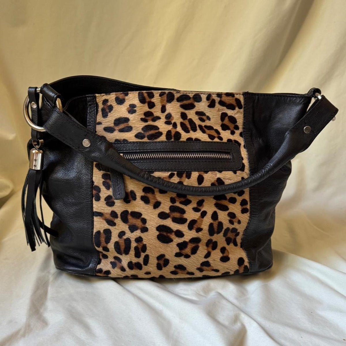 Pony Hair Leopard Print Leather Slouch Bag