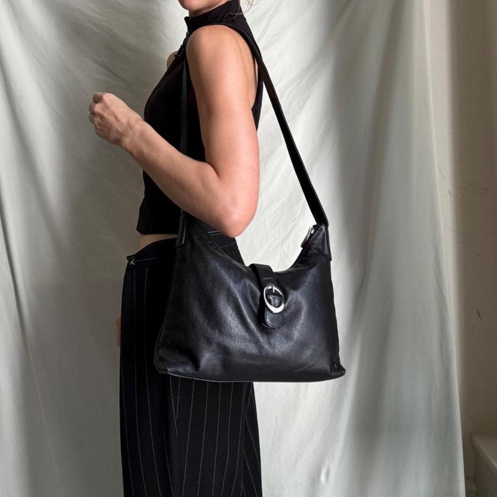 Vintage Structured Black Leather Hobo Bag Medium Sized