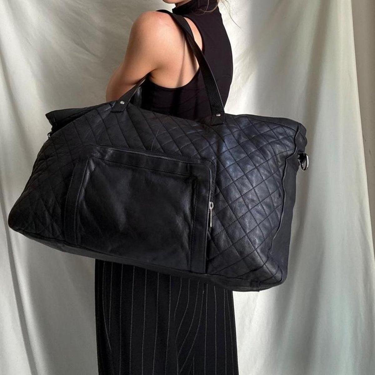 Y2K large black leather hold-all weekender bag