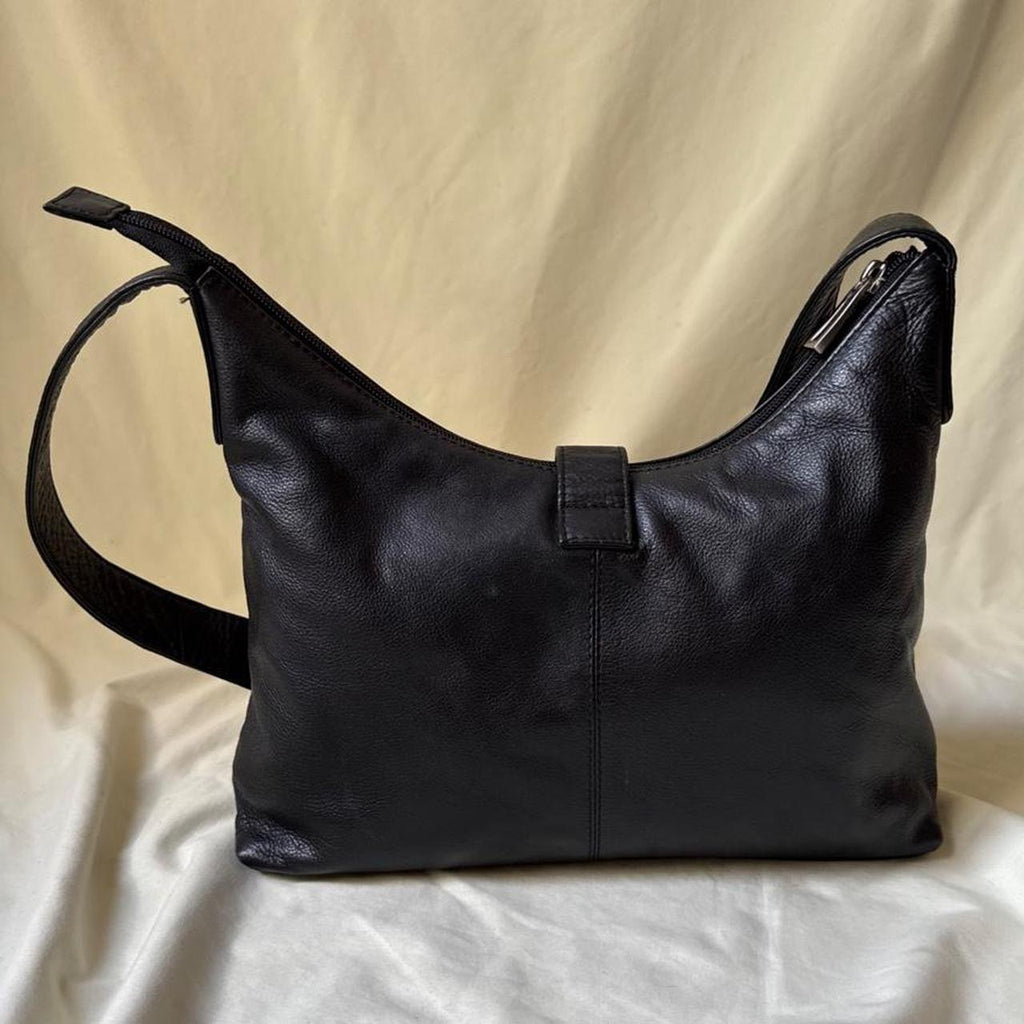 Vintage Structured Black Leather Hobo Bag Medium Sized