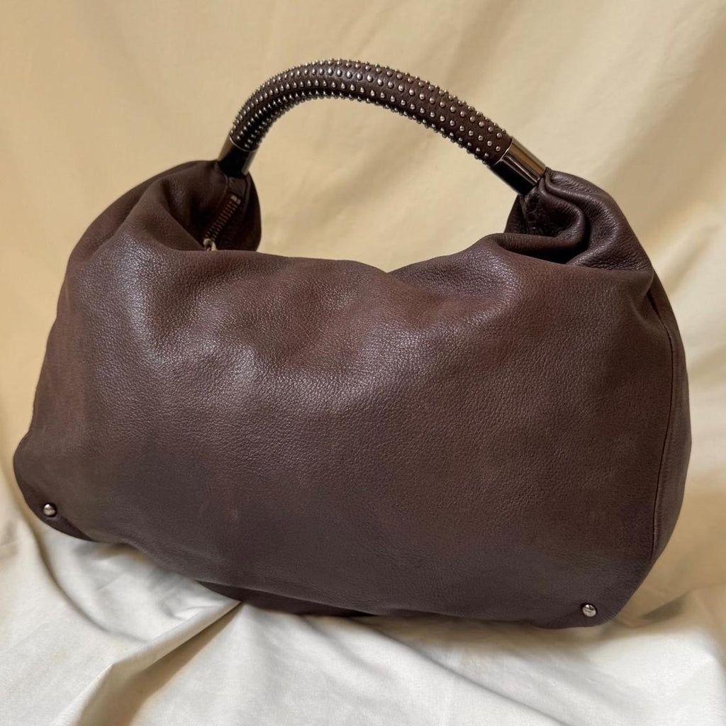 Vintage Brown Leather Hobo Bag with Studded Handle
