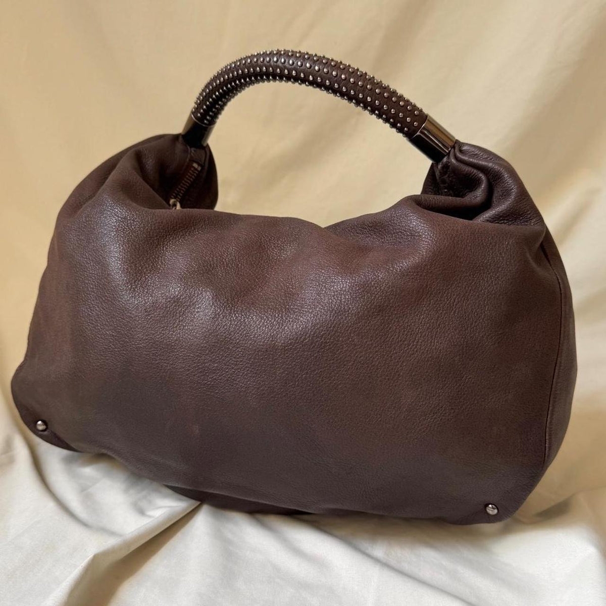 Vintage Brown Leather Hobo Bag with Studded Handle