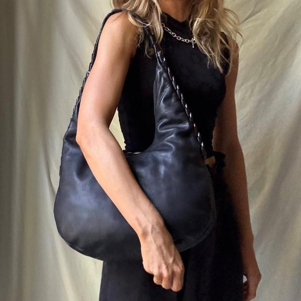 Sculptural Vintage Leather Hobo Bag With Hardware Spine