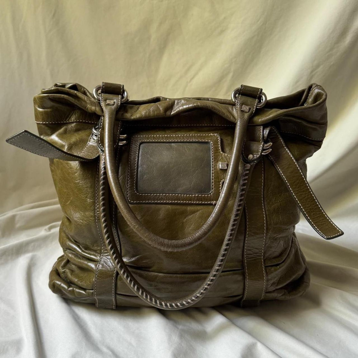 Vintage Oversized Olive Green Leather Tote Bag