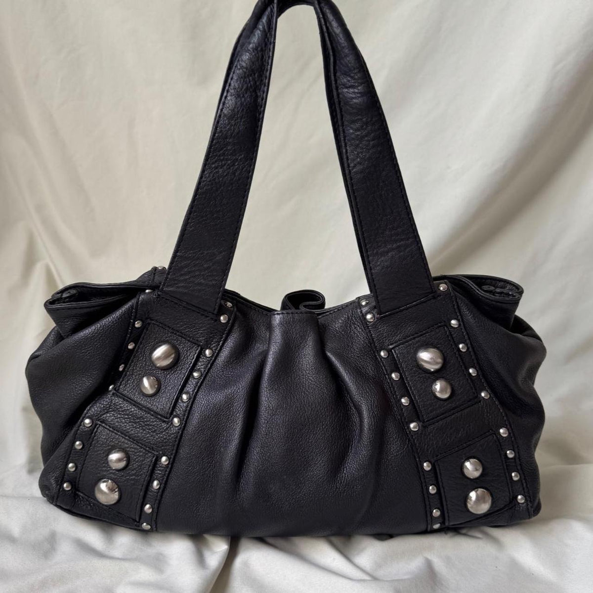Vintage Black Studded Leather Dumpling Bag