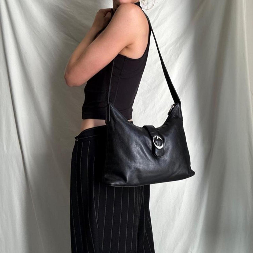 Vintage Structured Black Leather Hobo Bag Medium Sized