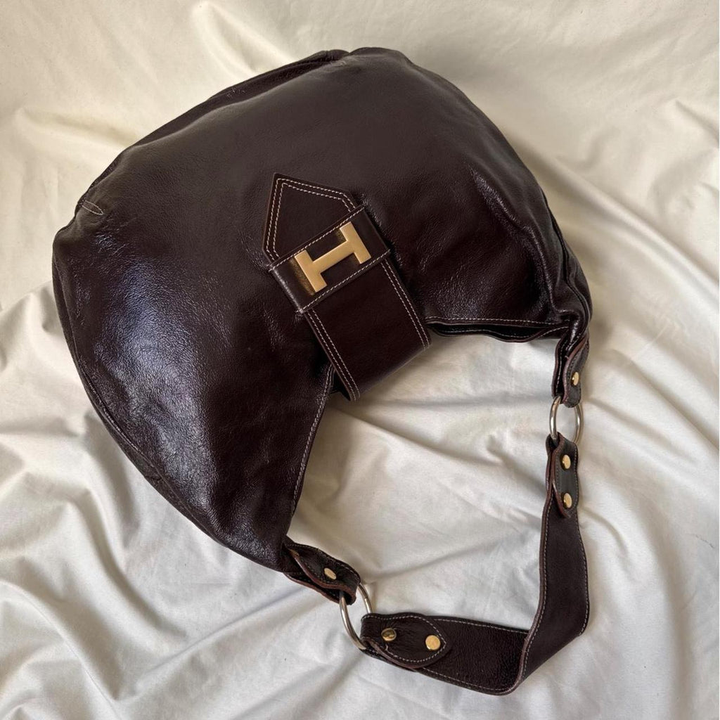 Vintage Y2K Oversized Brown Patent Leather Hobo Bag