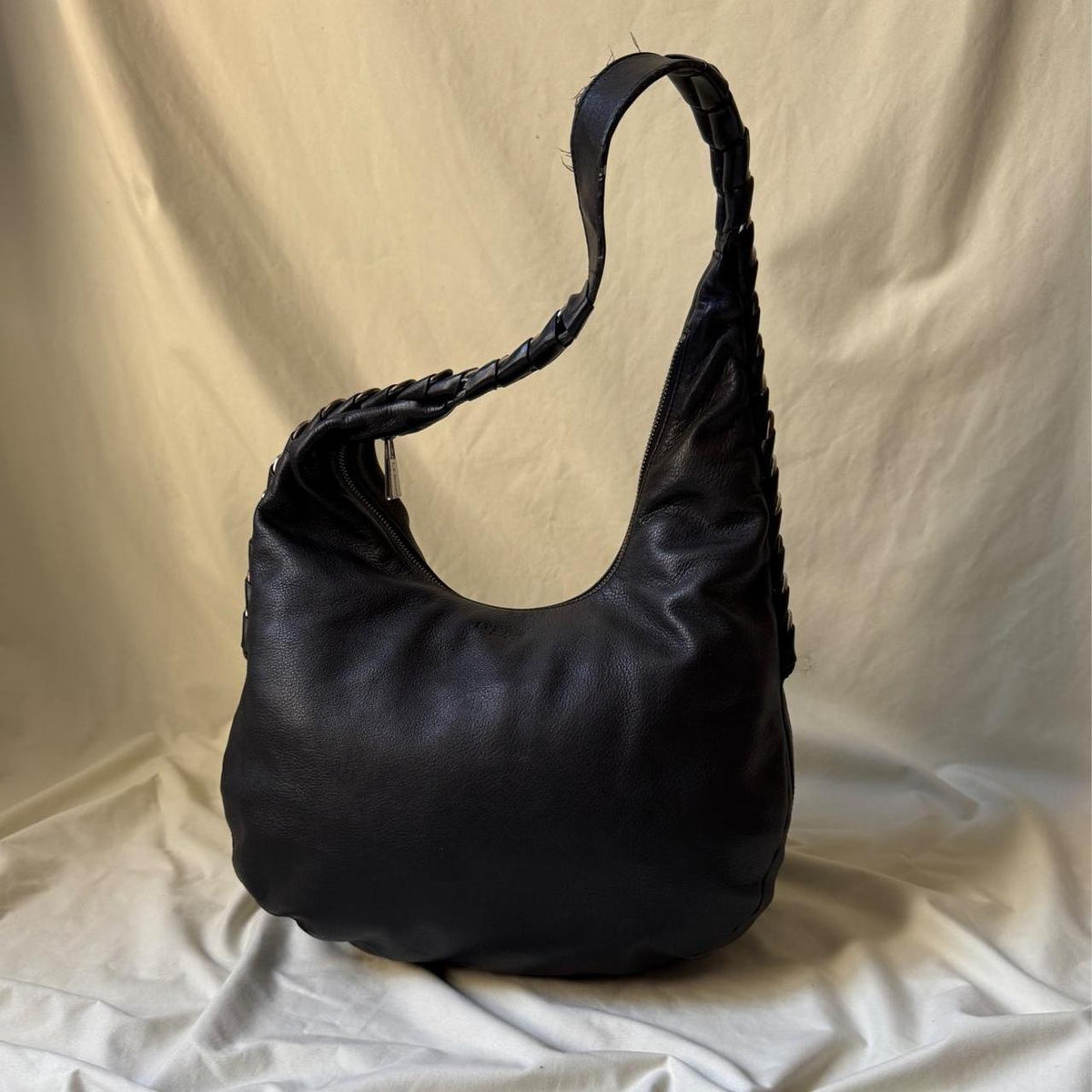 Sculptural Vintage Leather Hobo Bag With Hardware Spine