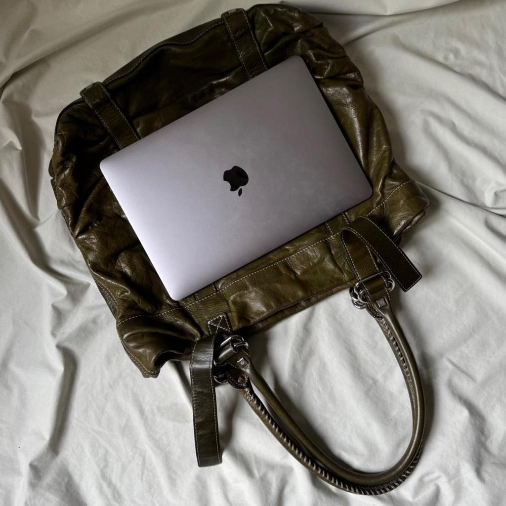 Vintage Oversized Olive Green Leather Tote Bag