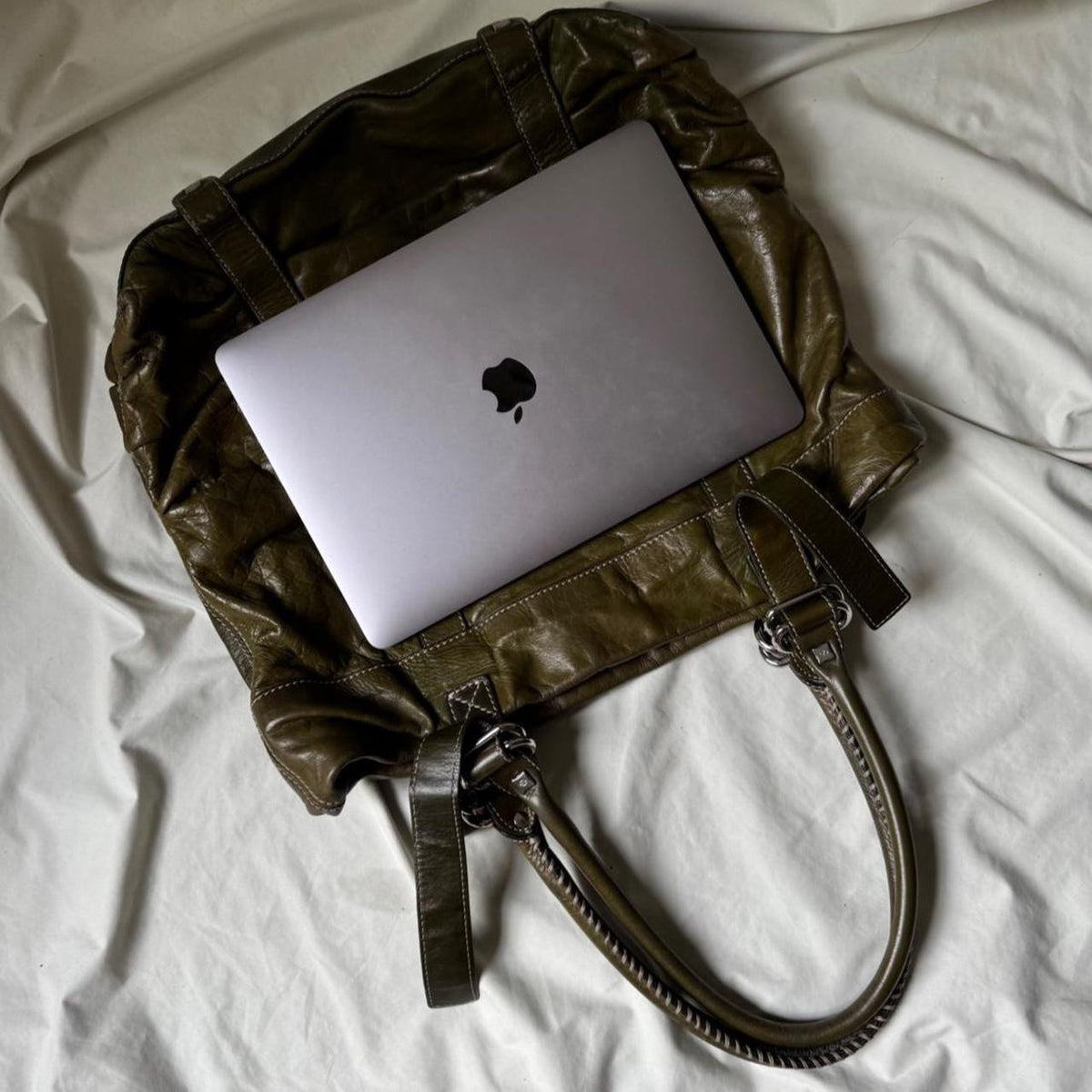Vintage Oversized Olive Green Leather Tote Bag