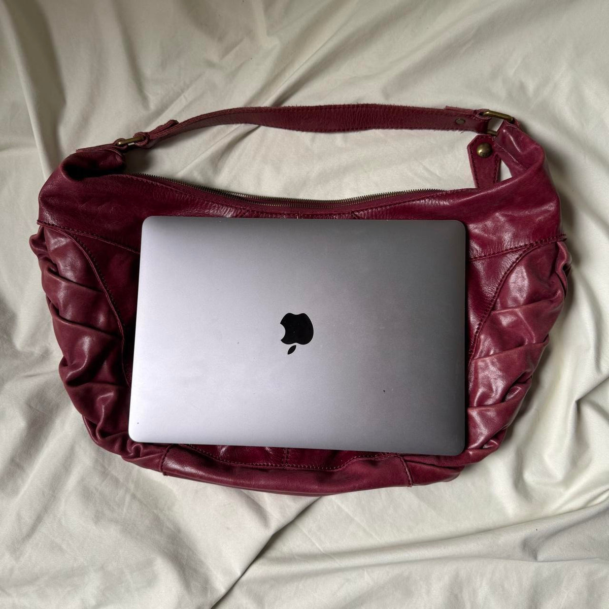Large Distressed Red Ruched Half Moon Hobo Bag
