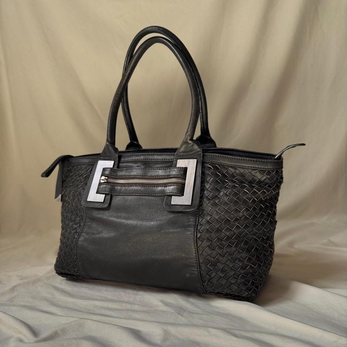 Vintage Oversized Khaki Green Leather Weekender Bag with Silver Hardware