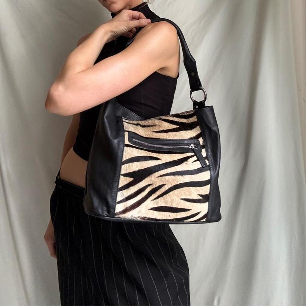 Pony Hair Zebra Leather Slouch Bag