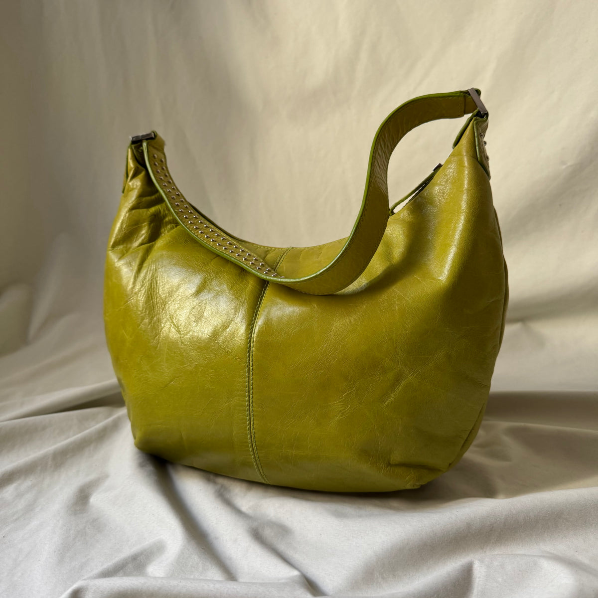 Y2K lime green leather hobo bag with studs