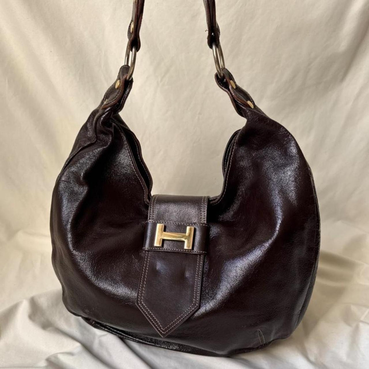 Vintage Y2K Oversized Brown Patent Leather Hobo Bag