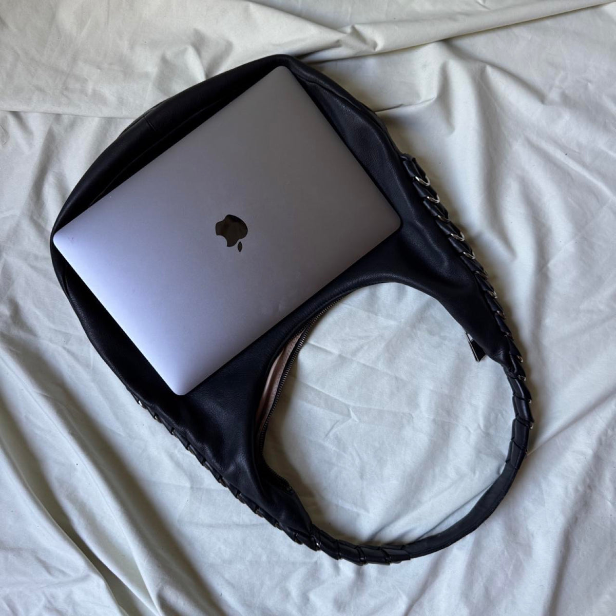 Sculptural Vintage Leather Hobo Bag With Hardware Spine