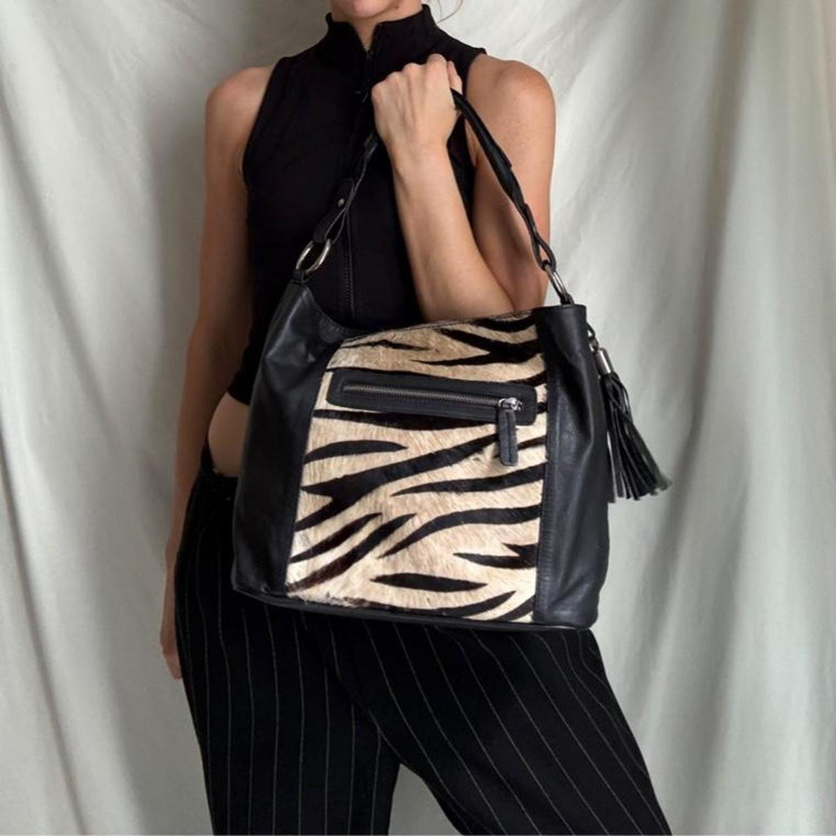 Pony Hair Zebra Leather Slouch Bag