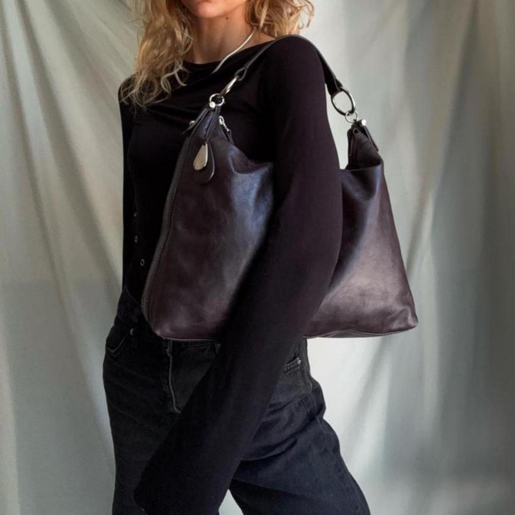 Vintage Y2K real leather, large slouchy burgundy hobo bag