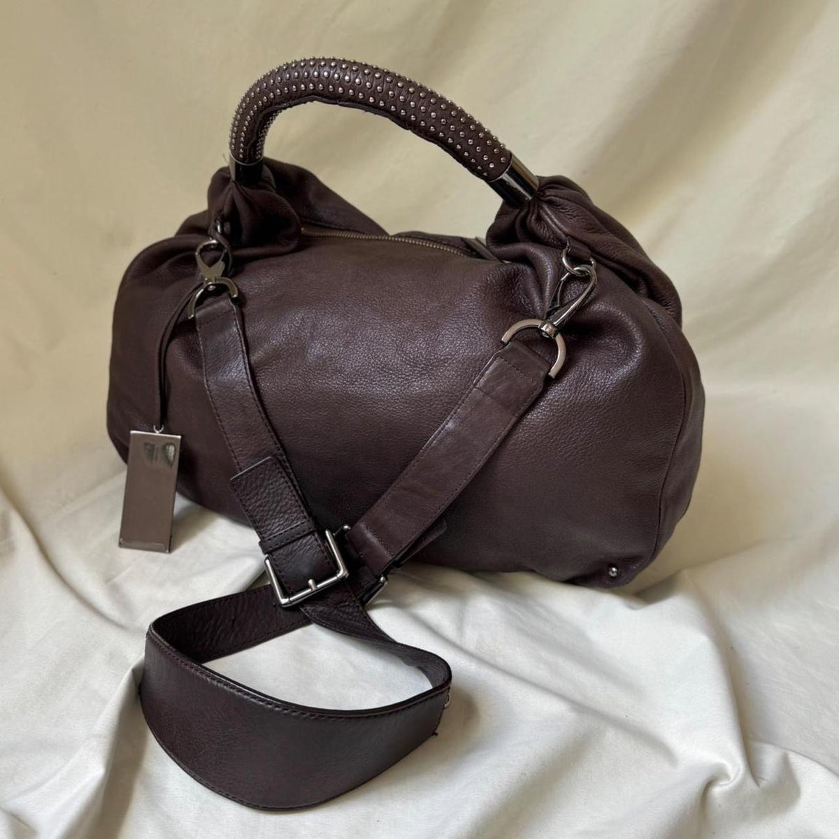 Vintage Brown Leather Hobo Bag with Studded Handle