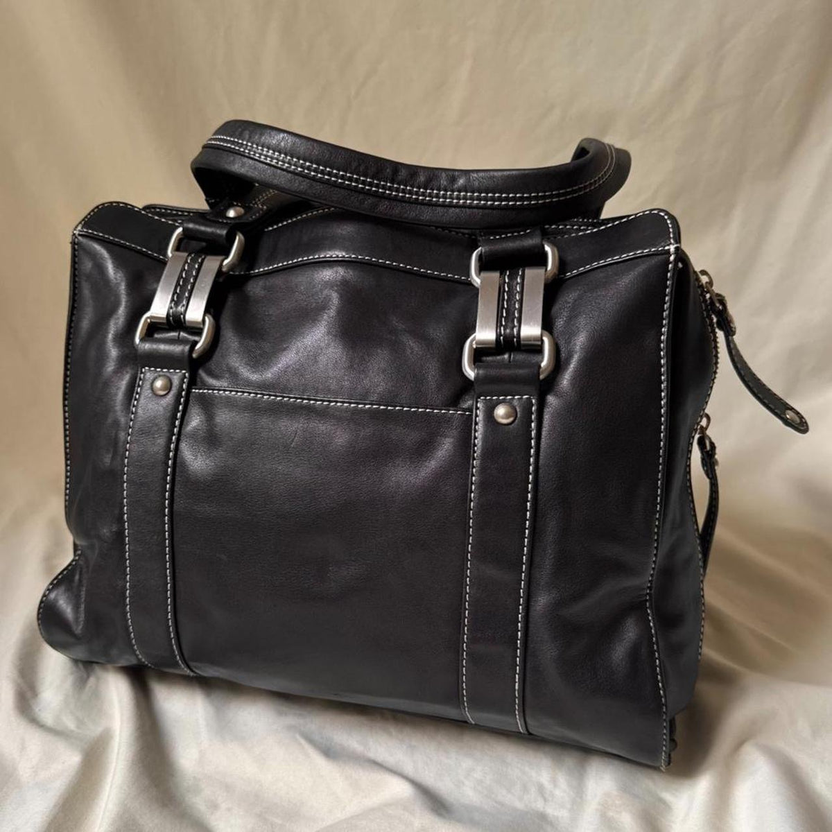 Vintage Large Black Leather Boxy Shoulder bag with Chunky Hardware