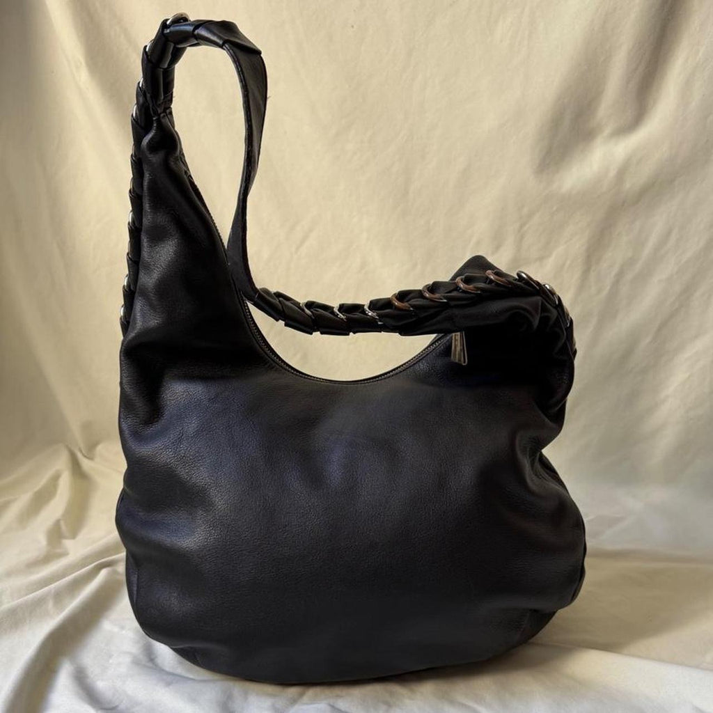 Sculptural Vintage Leather Hobo Bag With Hardware Spine