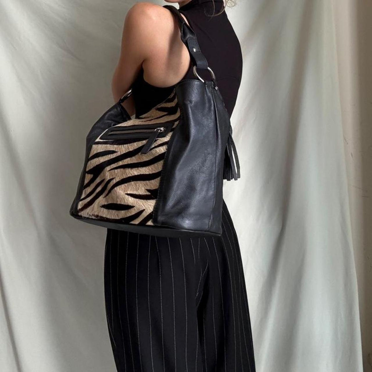 Pony Hair Zebra Leather Slouch Bag