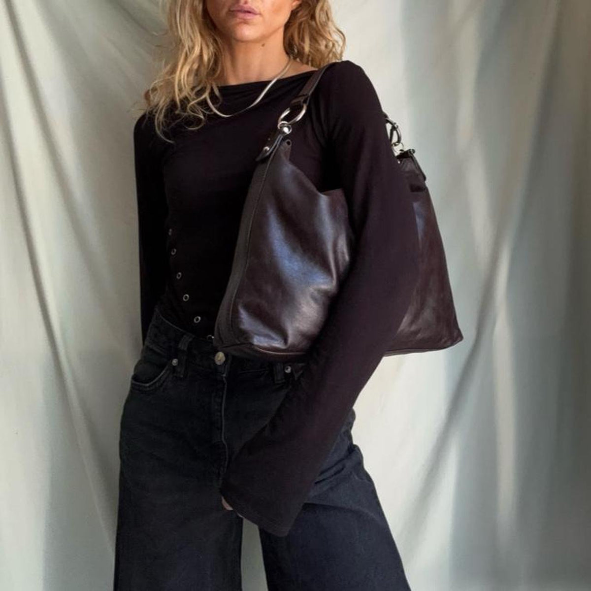 Vintage Y2K real leather, large slouchy burgundy hobo bag