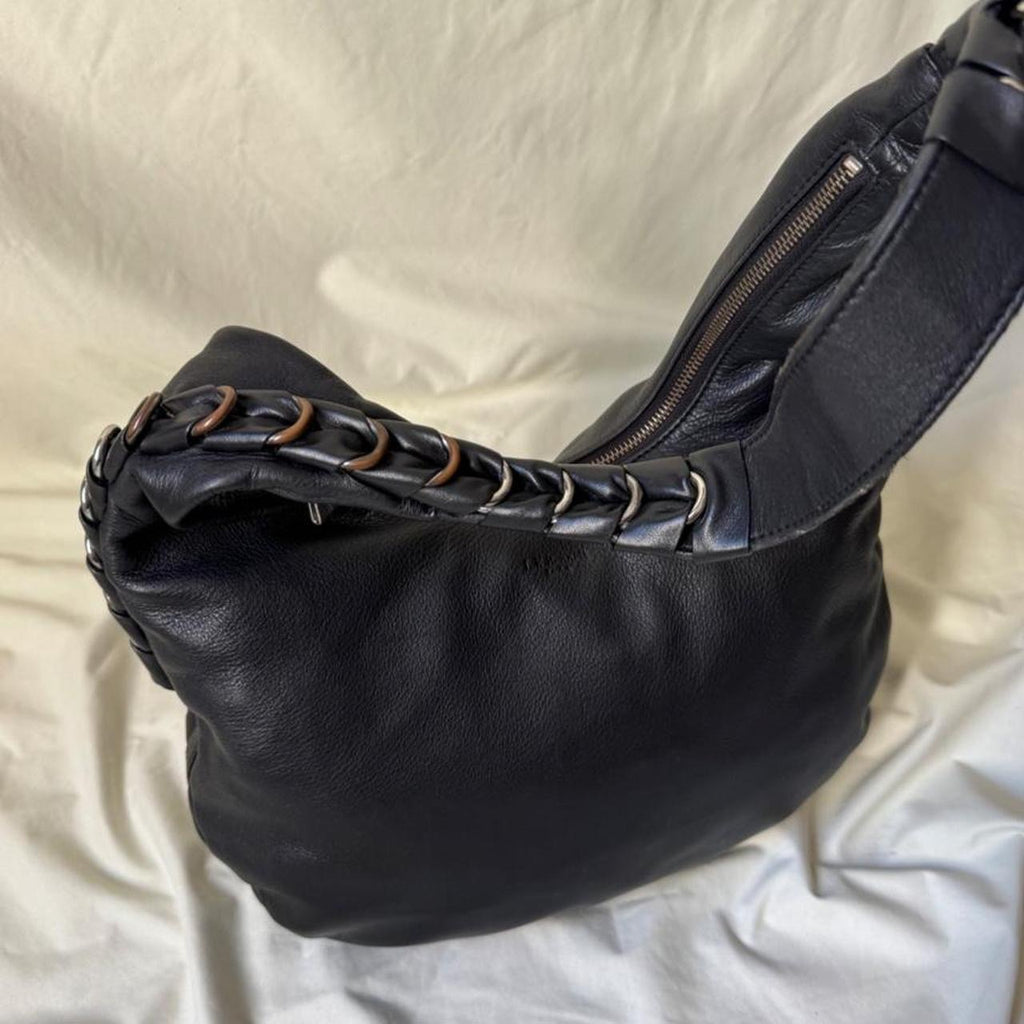 Sculptural Vintage Leather Hobo Bag With Hardware Spine