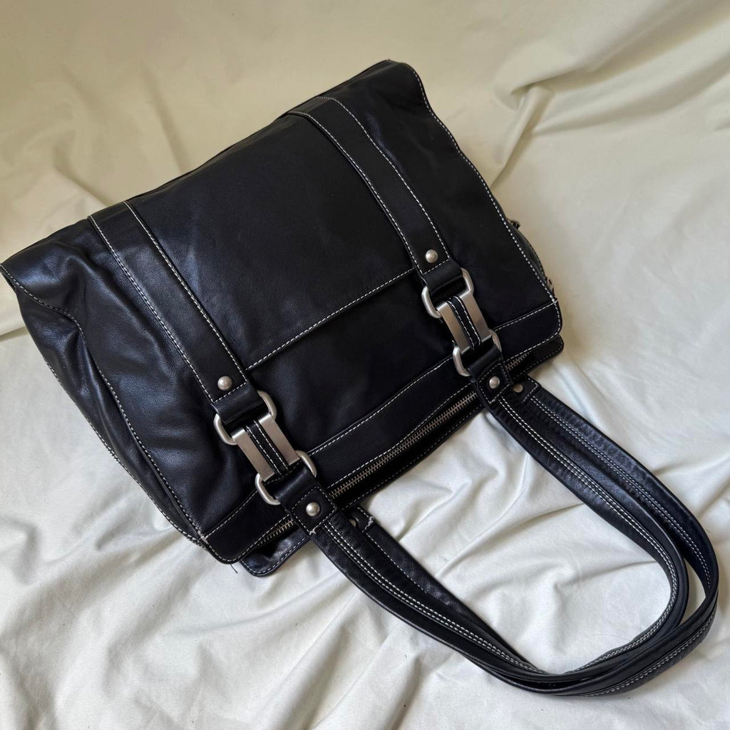 Vintage Large Black Leather Boxy Shoulder bag with Chunky Hardware